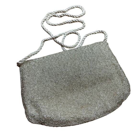 Vintage 1980’s beaded evening bag wedding brides purse white satin silver gold - Picture 3 of 10